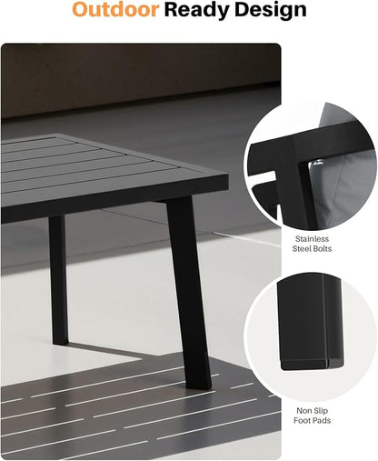 Patio Coffee Table, Never-Rust Aluminum Outdoor Coffee Table with Wood Grain Texture, Modern Rectangle Garden Coffee Table with Slatted Tabletop for Poolside, Decks, Indoor, Backyard, Black | Never-Rust, Slatted Tabletop