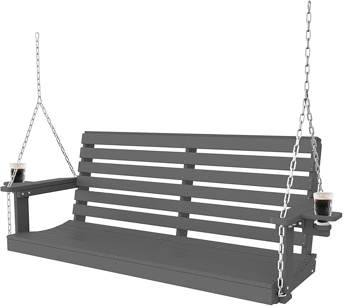 Plawdlik Porch Swings,2 Seat Patio Chair with Two Cup Holders,HDPE Waterproof Bench for Courtyard-Grey - Photo 1