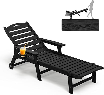 Plawdlik Oversized Patio Chaise Lounge, 5 Positions Adjustable HDPE Outdoor Lounge Chair with Rolling Wheels & Cup Holder,All-Weather for Poolside, Beach, Garden - Black