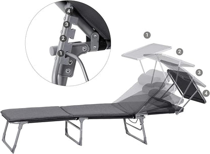 SONGMICS Sun Lounger, Patio Chaise Lounge Chair, Folding, with Canopy, Cushion, 76 x 20.9 x 11.4 Inches, Holds 330 lb, Headrest, Adjustable Backrest, Outdoor Garden Pool, Dark Gray UGCB19UMV1