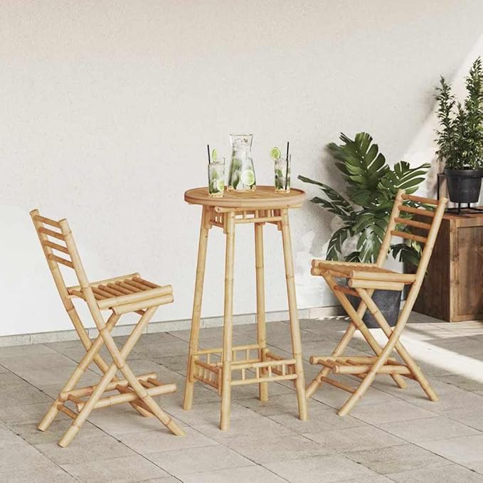 vidaXL 3 Piece Outdoor Bar Set Foldable Bamboo Table and Stools Modern Garden Furniture for Balcony Patio Dining UV Protection Folding Compact