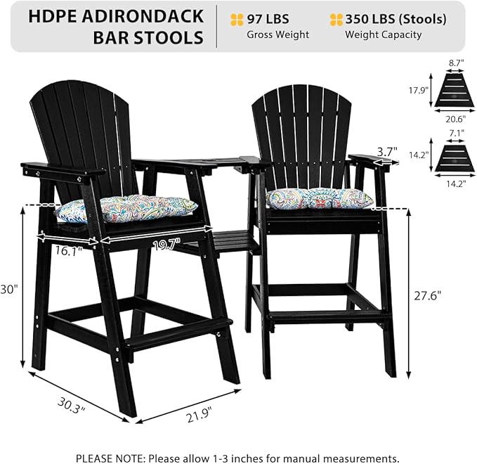 Sundale Outdoor Tall Adirondack Chairs Set of 2 with Table, Patio HDPE Bar Set, 3 PCS Counter Height Dining Bistro Set - Photo 3