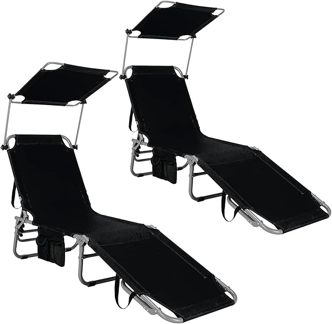GYMAX Beach Chair with Canopy Shade, Folding Tanning Lounge with Adjustable Backrest, Carry Handle & Side Pocket - Photo 1