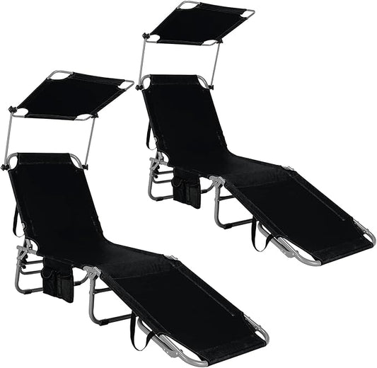 GYMAX Beach Chair with Canopy Shade, Folding Tanning Lounge with Adjustable Backrest, Carry Handle & Side Pocket, Sunbathing Chair for Outside, Patio, Poolside, Lawn (2, Black)