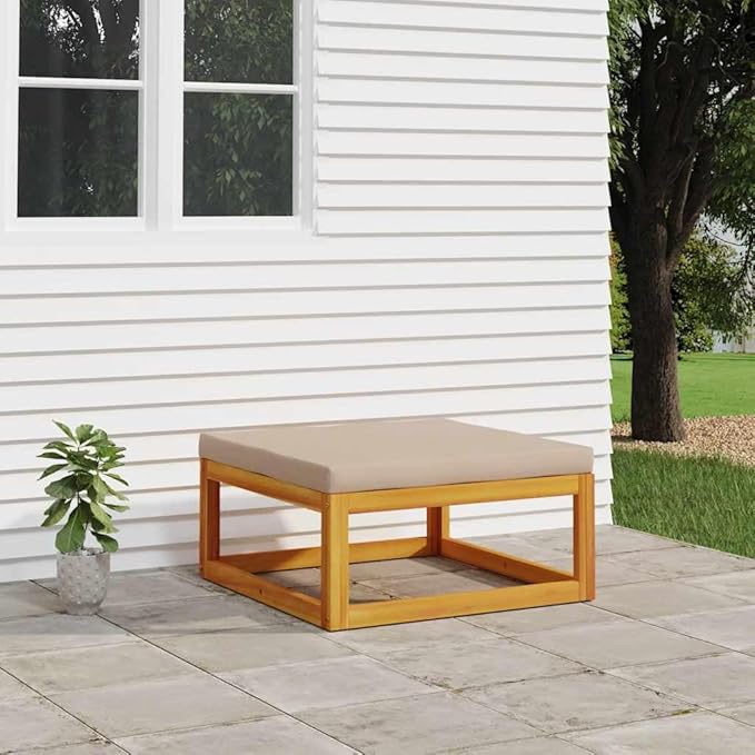 Acacia Wood Outdoor Garden Footrest, Taupe Cushion, Modular Design, Weather-Resistant, Patio Balcony Backyard Seating - Photo 1