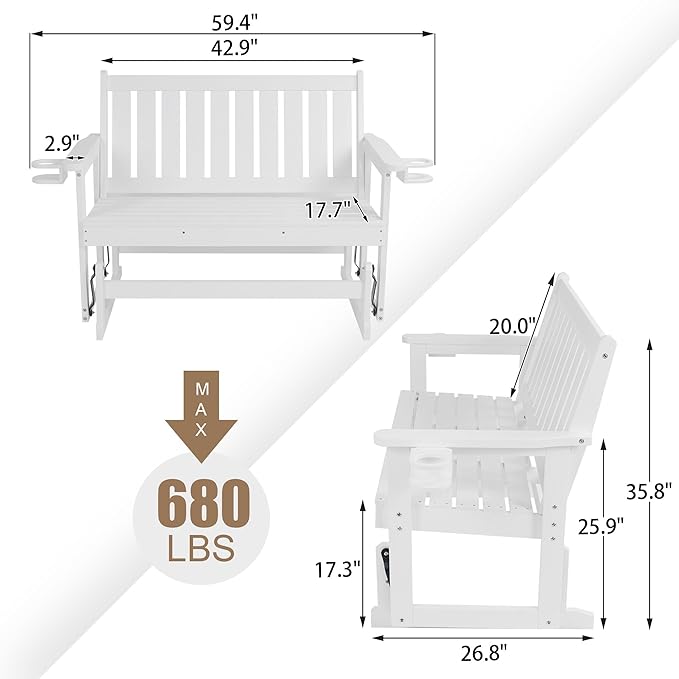 Poly Lumber Patio Glider, HIPS Material Weather-Resistant Swing Bench for Outdoor Porch Garden, White - Photo 3