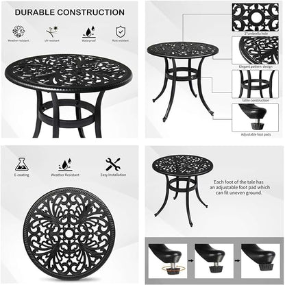 Patio Cast Aluminum Side Table with Umbrella Hole, Outdoor End Table Small Round Coffee Table for Backyard, Garden, Porch, Balcony, Pool Side, Indoor, Black