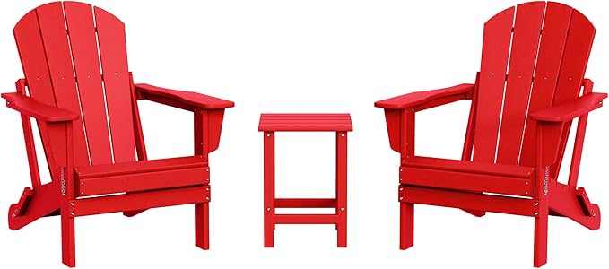 WestinTrends Malibu 3-Pieces Adirondack Chairs Set with Side Table, All Weather Outdoor Seating Plastic Patio Lawn Chair Folding for Outside Porch Deck Backyard, Red