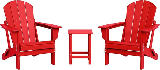 WestinTrends Malibu 3-Pieces Adirondack Chairs Set with Side Table, All Weather Outdoor Seating Plastic Patio Lawn Chair Folding for Outside Porch Deck Backyard, Red