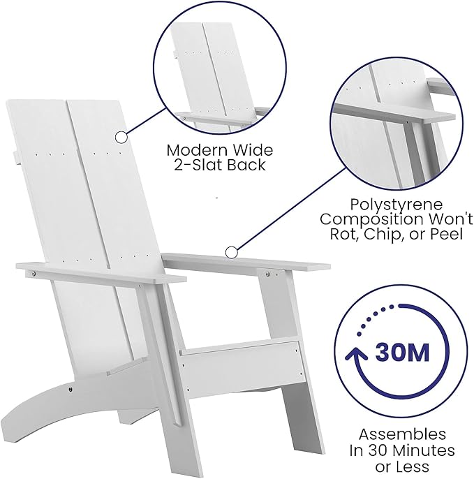 Flash Furniture Set of 2 Sawyer Modern 2-Slat Back Adirondack Chairs - White All-Weather Poly Resin Lounge Chairs