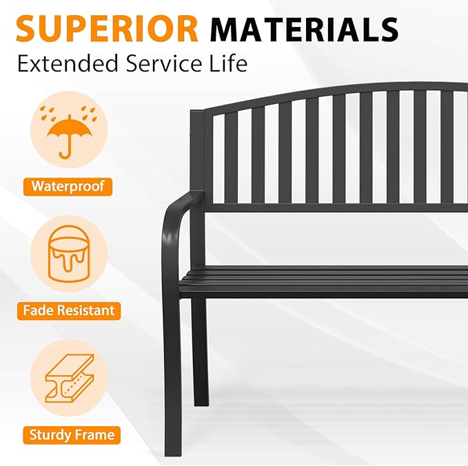 Outdoor Bench Garden Bench, 50" Anti-Rust Patio Bench Clearance, Iron Metal Frame Outdoor Benches Weatherproof for Front Porch, Yard, Lawn, Deck