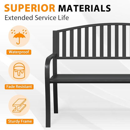 Outdoor Bench Garden Bench, 50" Anti-Rust Patio Bench Clearance, Iron Metal Frame Outdoor Benches Weatherproof for Front Porch, Yard, Lawn, Deck