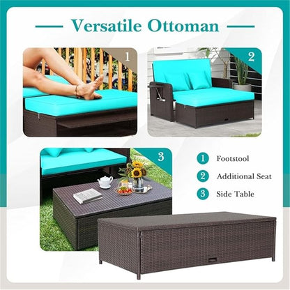 Pemberly Row Contemporary Outdoor Patio Rattan Daybed Lounge, Turquoise Cushions, PE Rattan and Metal Frame, Adjustable Backrest, Retractable Side Trays, Cozy Garden or Patio Double Chaise Lounge