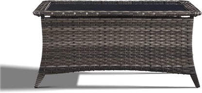 Outdoor Coffee Table - Patio Rattan Wicker Coffee Table with Tempered Glass Top Outdoor Table for Deck Porch Balcony Garden - Grey
