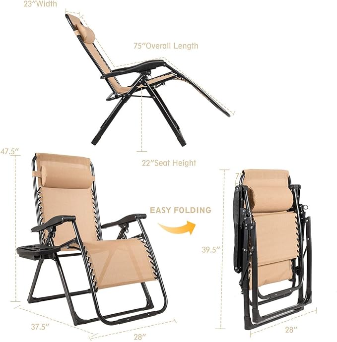 Goplus Oversized Zero Gravity Chair, XL-Extended Version, Outdoor Recliner w/Cup Holder & Detachable Headrest - Photo 3