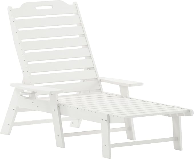 Flash Furniture Monterey Adjustable Adirondack Loungers with Cup Holders- All-Weather Indoor/Outdoor HDPE Lounge Chairs, Set of 2, White