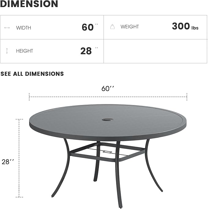 Patio Dining Table for 8-10, Round Metal Outdoor Table with 1.57" Umbrella Hole, 60" Outdoor Slat Tabletop Dining Table for Backyard, Porch, Lawn, Dark Grey
