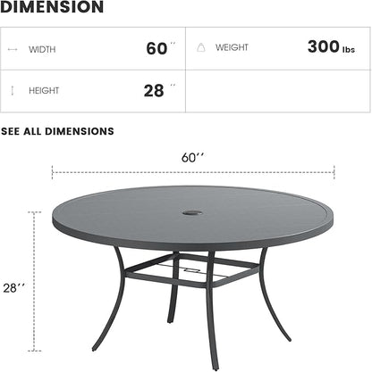 Patio Dining Table for 8-10, Round Metal Outdoor Table with 1.57" Umbrella Hole, 60" Outdoor Slat Tabletop Dining Table for Backyard, Porch, Lawn, Dark Grey