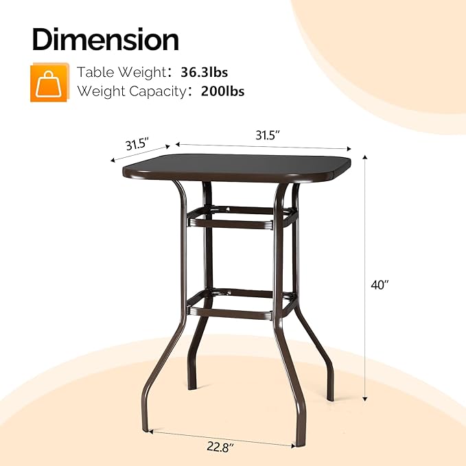 VINGLI 32" Indoor-Outdoor Bar Height Table, Square Tempered Glass Metal Table for Patio, Backyard, Poolside and Garden (Brown)