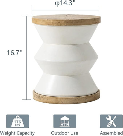 COSIEST White Outdoor Side Table, Round MgO Concrete End Patio Side Table, Lightweight Cylinder Top Plant Stand with Rotund Base for Garden and Deck