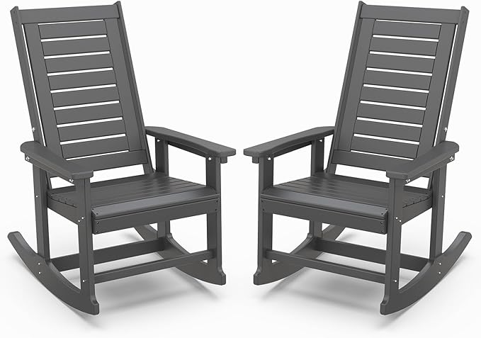 IVY&LANE Outdoor Rocking Chairs Set of 2 | Porch-Rockers | Grey | HDPE Plastic | All-Weather | High Back | Wide Seat | Oversized Patio Rocker for Adult | for Outside Deck Balcony Garden