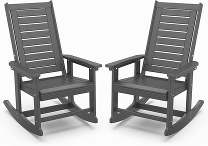 IVY&LANE Outdoor Rocking Chairs Set of 2 | Porch-Rockers | Grey | HDPE Plastic | All-Weather | High Back | Wide Seat | Oversized Patio Rocker for Adult | for Outside Deck Balcony Garden