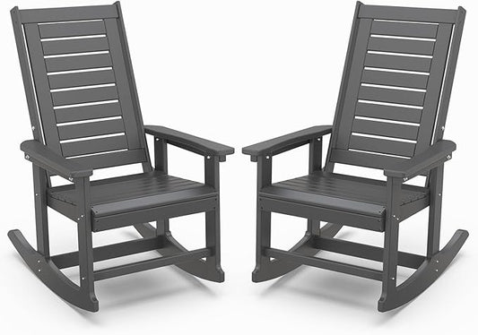 IVY&LANE Outdoor Rocking Chairs Set of 2 | Porch-Rockers | Grey | HDPE Plastic | All-Weather | High Back | Wide Seat | Oversized Patio Rocker for Adult | for Outside Deck Balcony Garden