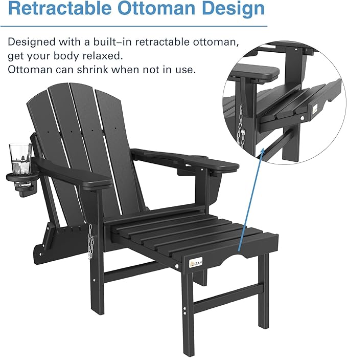 Mdeam 3-Level Adjustable Adirondack Chair with Retractable Ottoman, HDPE All-Weather Folding Fire Pit Chair with 2 Cup Holders, Outdoor Chair for Deck Patio Garden Backyard Lawn (Black)