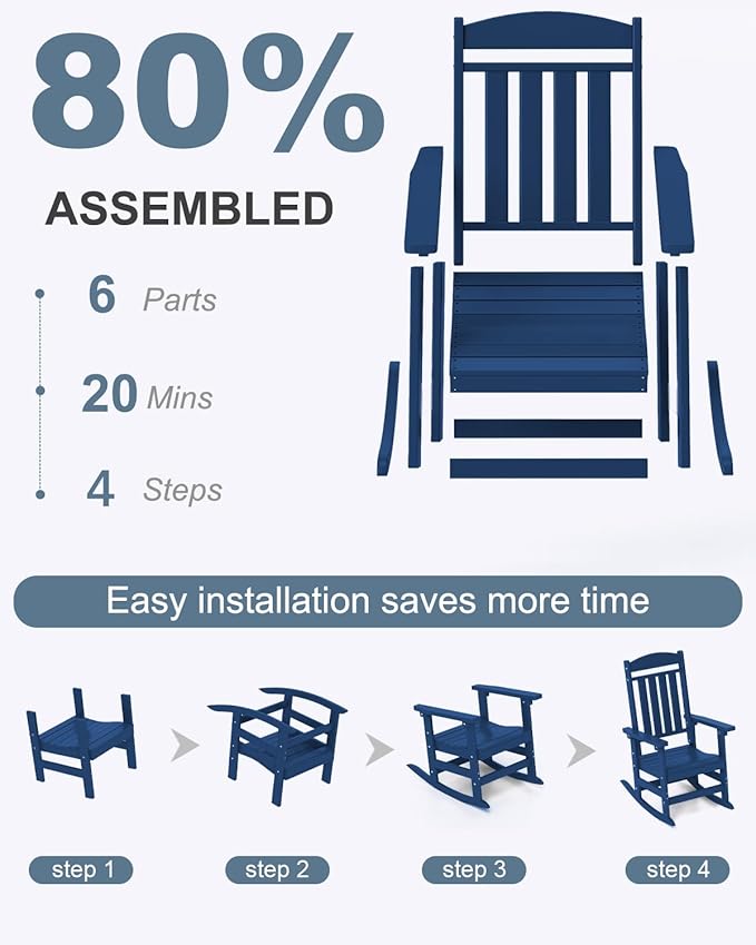 Outdoor Rocking Chairs Set of 4, Oversized High Back Patio Rocking Chairs, All Weather Porch Rocking Chairs for Outside. Navy Blue