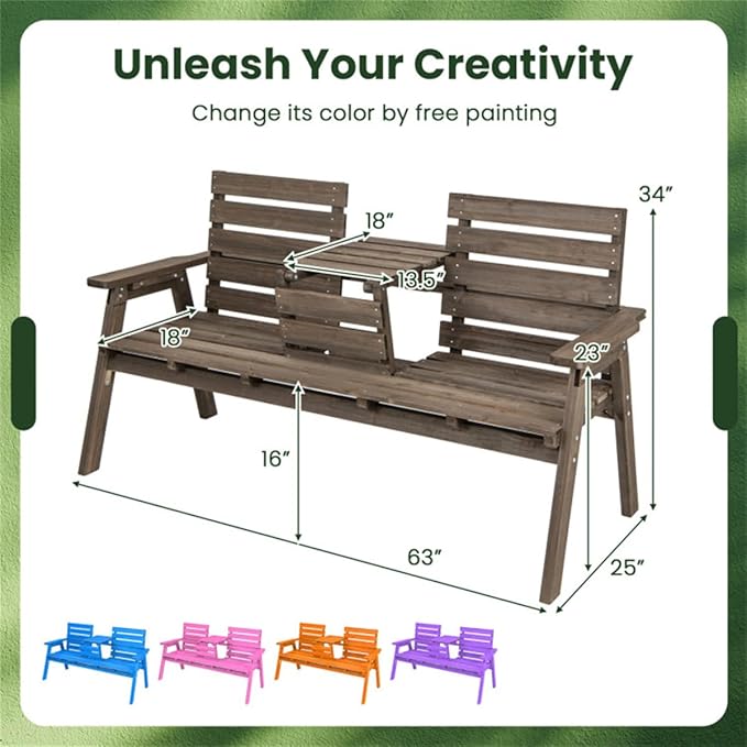 Rustic Outdoor Wooden Bench with Foldable Middle Table,63" 2-3 Persons Porch Bench with Wide Armrests and Slatted Surface,710 LBS Capacity Fir Wood Garden Bench,Coffee