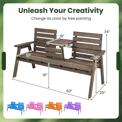 Rustic Outdoor Wooden Bench with Foldable Middle Table,63" 2-3 Persons Porch Bench with Wide Armrests and Slatted Surface,710 LBS Capacity Fir Wood Garden Bench,Coffee