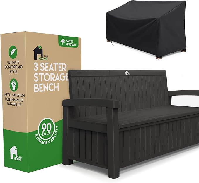 EconoHome 3 Seat Outdoor Storage Bench with Rain Cover - 90 Gallon Capacity - Weatherproof Resin Bench for Patio, Porch, Garden, Yard, Pool Area - Furniture for Pool Accessories, Gardening Tools