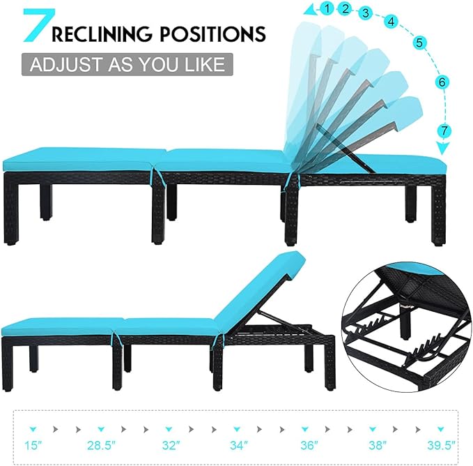 Tangkula Patio Wicker Lounge Chair, Outdoor Rattan Adjustable Reclining Backrest Lounger Chairs, Modern Outside Rattan Chaise with Seating and Back Cushion (2, Turquoise)