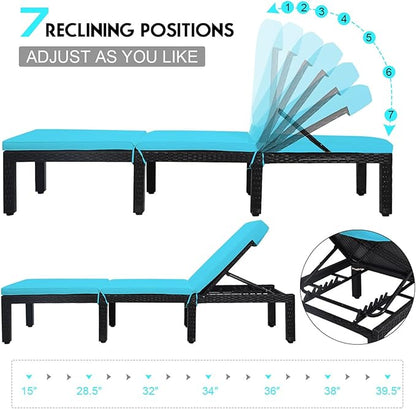 Tangkula Patio Wicker Lounge Chair, Outdoor Rattan Adjustable Reclining Backrest Lounger Chairs, Modern Outside Rattan Chaise with Seating and Back Cushion (2, Turquoise)
