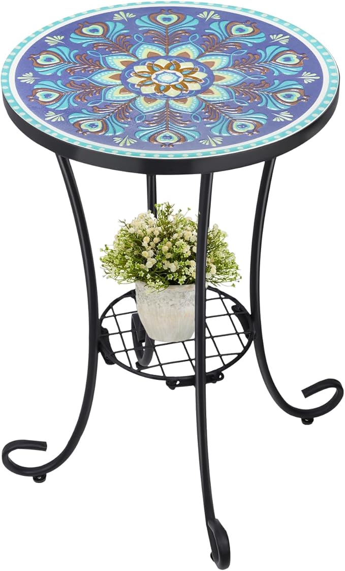 VCUTEKA Outdoor Side Table Mosaic Patio Table Accent Tables Mosaic Tile Top Metal Frame Small End Tables Porch Beach Patio Garden Balcony Peacock Feather 14''