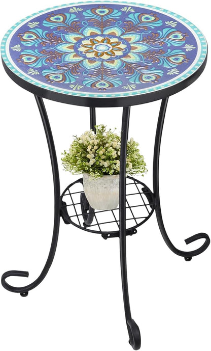 VCUTEKA Outdoor Side Table Mosaic Patio Table Accent Tables Mosaic Tile Top Metal Frame Small End Tables Porch Beach Patio Garden Balcony Peacock Feather 14''