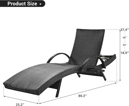 80'' Outdoor Wicker Chaise Lounge Chairs Set of 6, Patio Rattan Reclining Chair with Pull-Out Side Table, Adjustable Backrest for Beach, Poolside, Garden, Backyard, Black