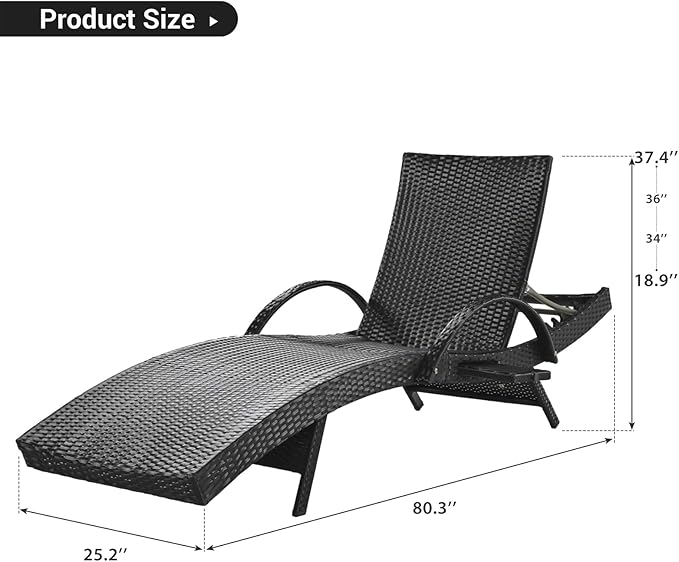 80'' Outdoor Wicker Chaise Lounge Chairs Set of 4, Patio Rattan Reclining Chair with Pull-Out Side Table - Photo 3