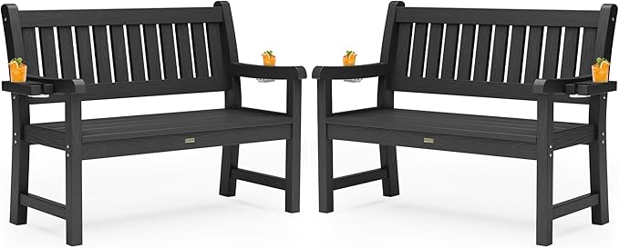 YEFU Outdoor Bench for Patio Waterproof: Heavy Duty 2-Person Garden Bench Set of 2 with 2 Cup Holders & Oversized Seating - HIPS Weatherproof Patio Benches for Front Porch Backyard Park, Black