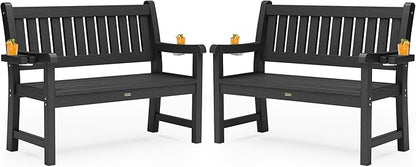 YEFU Outdoor Bench for Patio Waterproof: Heavy Duty 2-Person Garden Bench Set of 2 with 2 Cup Holders & Oversized Seating - HIPS Weatherproof Patio Benches for Front Porch Backyard Park, Black