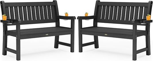 YEFU Outdoor Bench for Patio Waterproof: Heavy Duty 2-Person Garden Bench Set of 2 with 2 Cup Holders & Oversized Seating - HIPS Weatherproof Patio Benches for Front Porch Backyard Park, Black