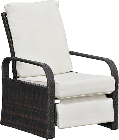 ATR ART TO REAL Outdoor Wicker Recliner Chair with 5.5'' Cushions, Automatic Adjustable Patio Lounge Chairs, Aluminum Frame Reclining Chair for Lawn Backyard Porch Poolside Deck (Beige)