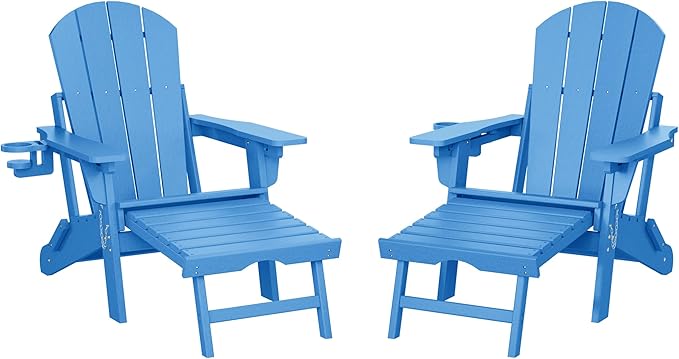 WestinTrends Malibu Folding Adjustable Adirondack Chair with Retractable Ottoman and Cup Holder (Set of 2), Pacific Blue