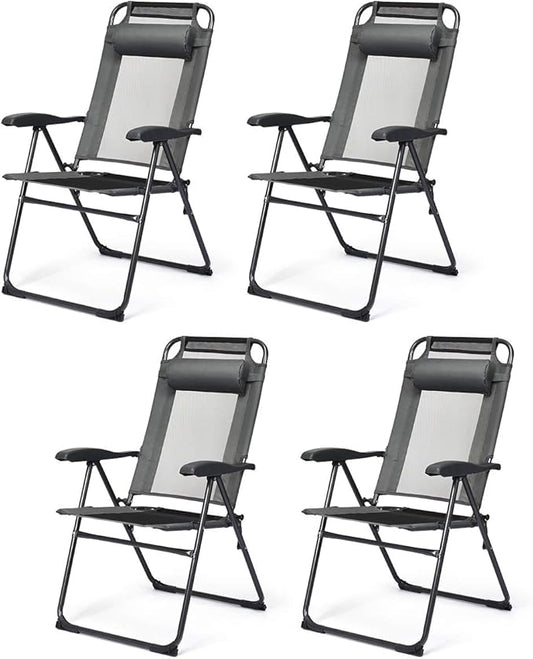 Giantex Set of 4 Patio Dining Chairs, Folding Lounge Chairs with 7 Level Adjustable Backrest, Headrest, 300 Lbs Capacity, Outdoor Portable Chairs with Metal Frame (4, Gray)