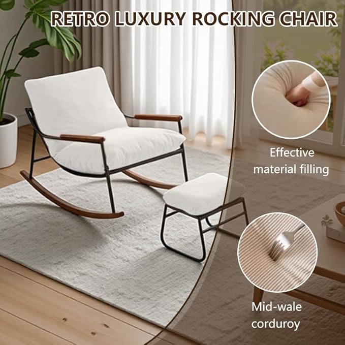 Comfortable Glider Rocking Chair with Footrest, Reclining Lounge Chair with Soft Cushions, High Back and Armrests, Indoor & Outdoor Patio Rocker for Living Room, Bedroom or Office, White