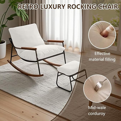 Comfortable Glider Rocking Chair with Footrest, Reclining Lounge Chair with Soft Cushions, High Back and Armrests, Indoor & Outdoor Patio Rocker for Living Room, Bedroom or Office, White