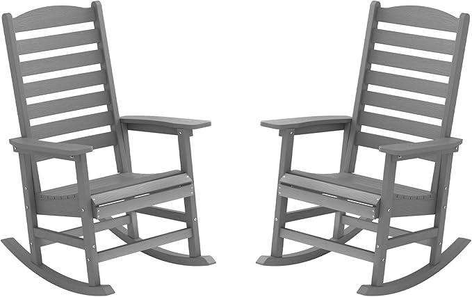 YEFU Outdoor Rocking Chair Set of 2,Poly Porch Rocker with Curved Backrest,All Weather Patio Rocking Chair,Like Real Wood,for Indoor,Lawn, Backyard,Garden,Heavy Duty,Weight Capacity 380lbs(Grey)