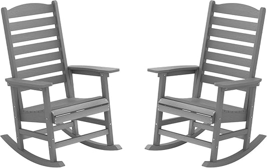 YEFU Outdoor Rocking Chair Set of 2,Poly Porch Rocker with Curved Backrest,All Weather Patio Rocking Chair,Like Real Wood,for Indoor,Lawn, Backyard,Garden,Heavy Duty,Weight Capacity 380lbs(Grey)