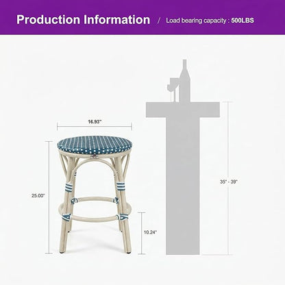 PURPLE LEAF Outdoor French Round Counter Stool Set of 2 Large 26" Woven Rattan Seat Backless Barstools White Print Aluminum Frame for Patio Indoor Island Bistro Restaurant Soft Blue