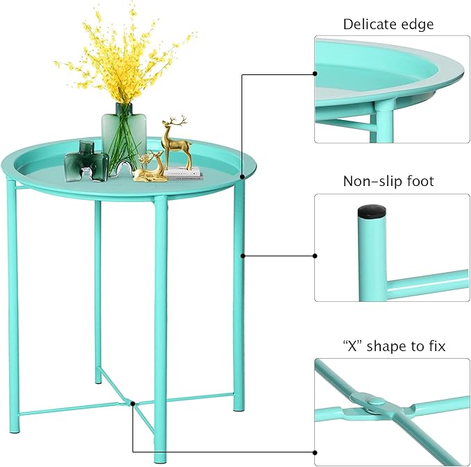 VECELO Side/End Table, Folding Round Metal Anti-Rust and Waterproof Outdoor or Indoor Tray for Living Room Bedroom Balcony and Office, 1 PCS, Green